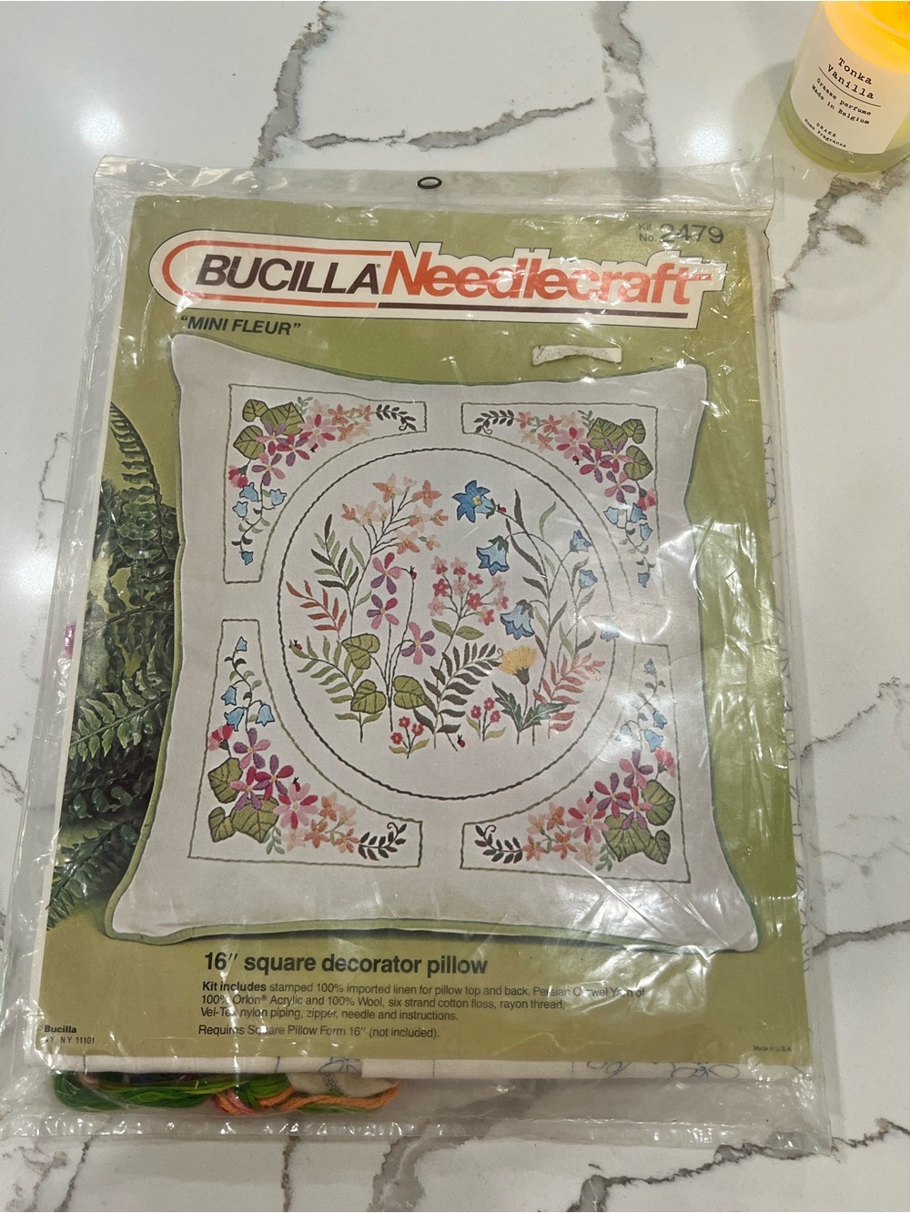 NWT Vintage Bucilla Needlecraft Floral Embroidery Kit “mini flour” 16” pillow